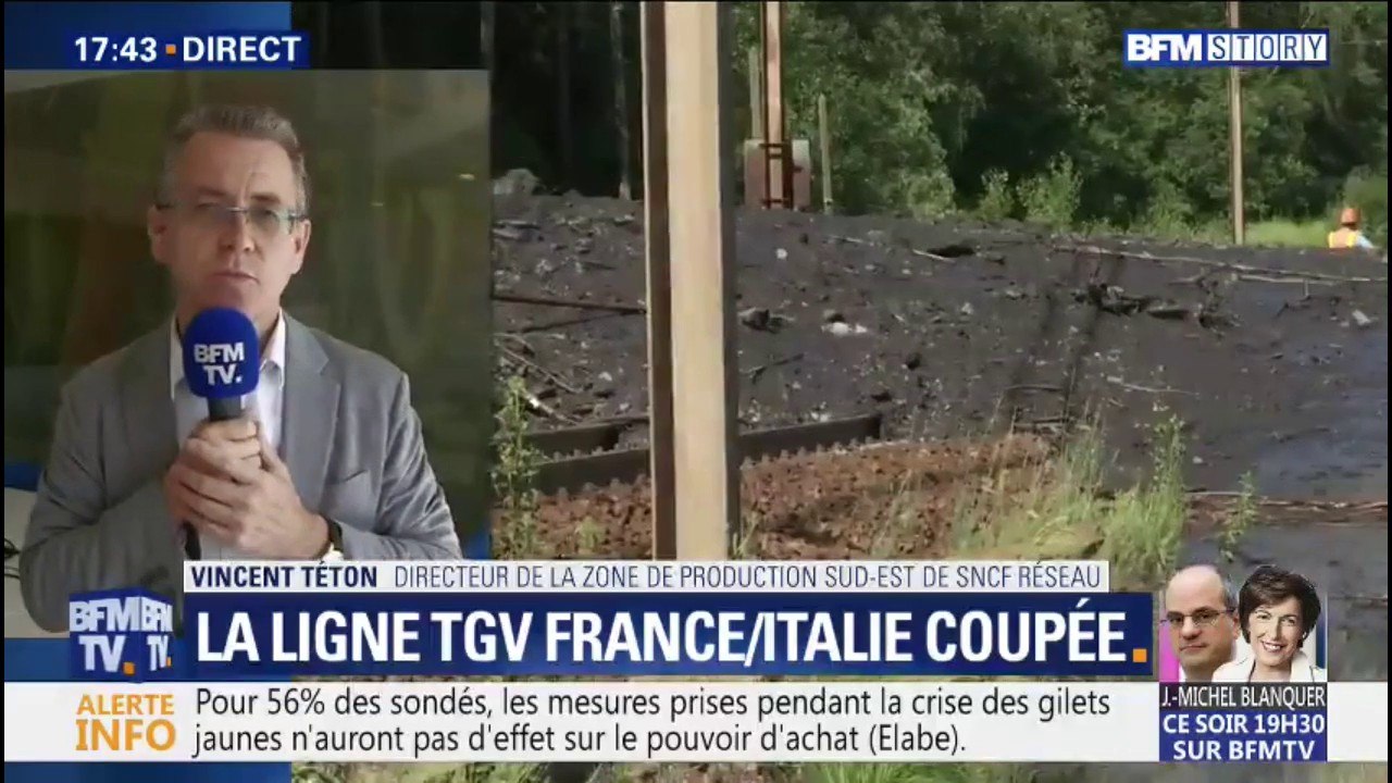 Coulée de boue en Savoie: la ligne Paris-Milan sera coupée "au moins jusqu'à fin juillet" (responsable SNCF Réseau)