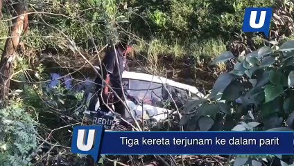 Tiga kereta terjunam dalam parit kerana pembinaan jalan