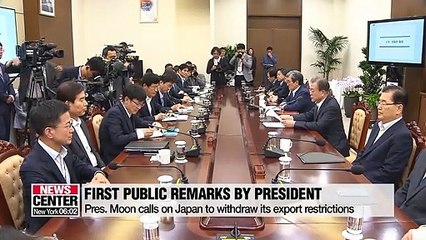 Скачать видео: Pres. Moon says he will not sit back and watch S. Korean firms suffer from Japan's export curbs