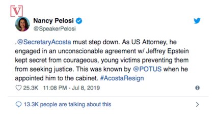 House Speaker Nancy Pelosi Calls on the Labor Secretary To Resign Over His Past Help of Jeffrey Epstein
