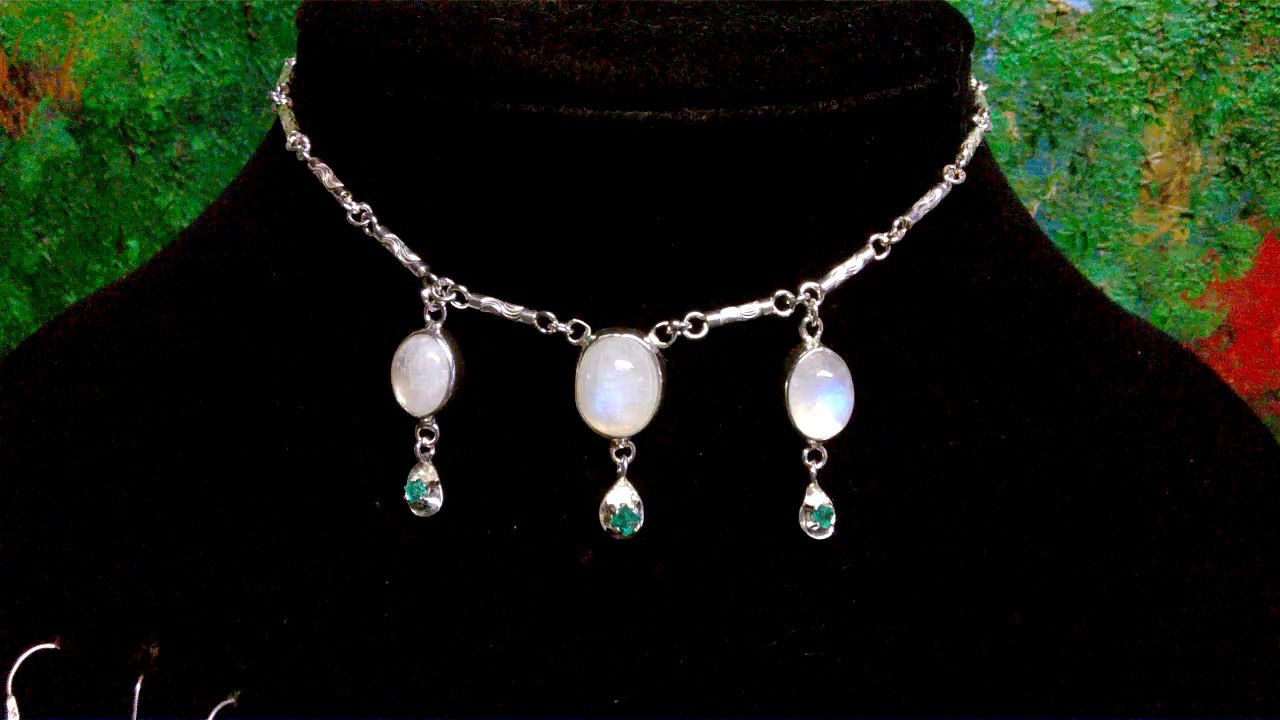 Sterling Necklace Moonstone and Colombian Emeralds