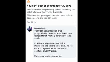 Facebook banner mig i 30 dage for pro ytringsfriheds-kommentar om IQ