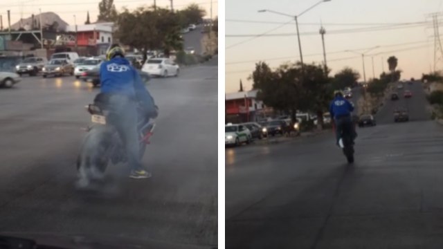Instant karma pour un motard qui tape un gros burn à un feu rouge