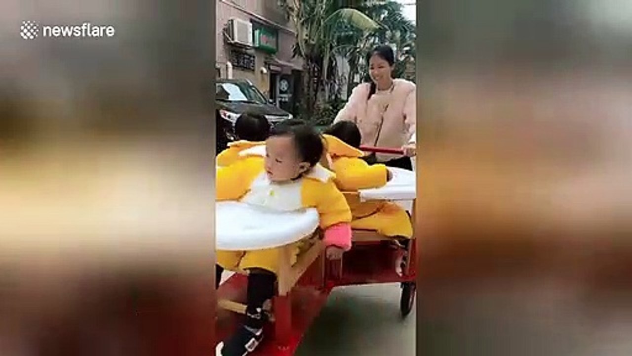 Homemade spinning pushchair designed for triplets spotted in China's Zhuhai