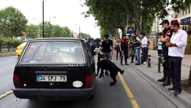 Taksim'deki uygulamada 'Şans' isimli narkotik köpeğiyle araçlar didik didik arandı