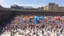 Crowds of thousands at the Tour de Yorkshire send-off at the piece Hall, Halifax.