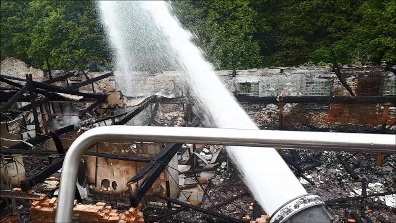 Aerial footage of the fire-damaged building