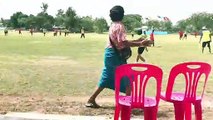 Hilarious moment supportive grandmother gets carried away watching kids' football match in Thailand