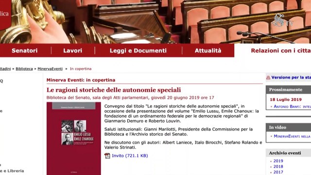 Roma - In Senato speciale su ‘Le ragioni storiche delle Autonomie Speciali’ (20.06.19)