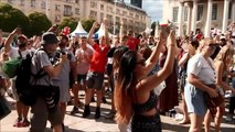 England fans at millennium square Leeds celebrate after England beat Sweden