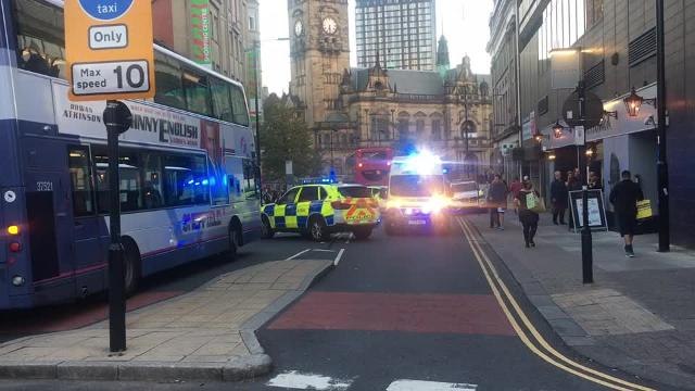 The scene of a serious accident in Sheffield city centre in which a man was reportedly 'hit by a bus'.