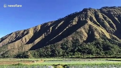 Spectacular moment long flat cloud blankets Indonesian volcano peak 'like a hat'