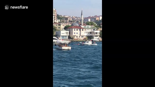 A yacht in flames on the Bosphorus in Istanbul, Turkey
