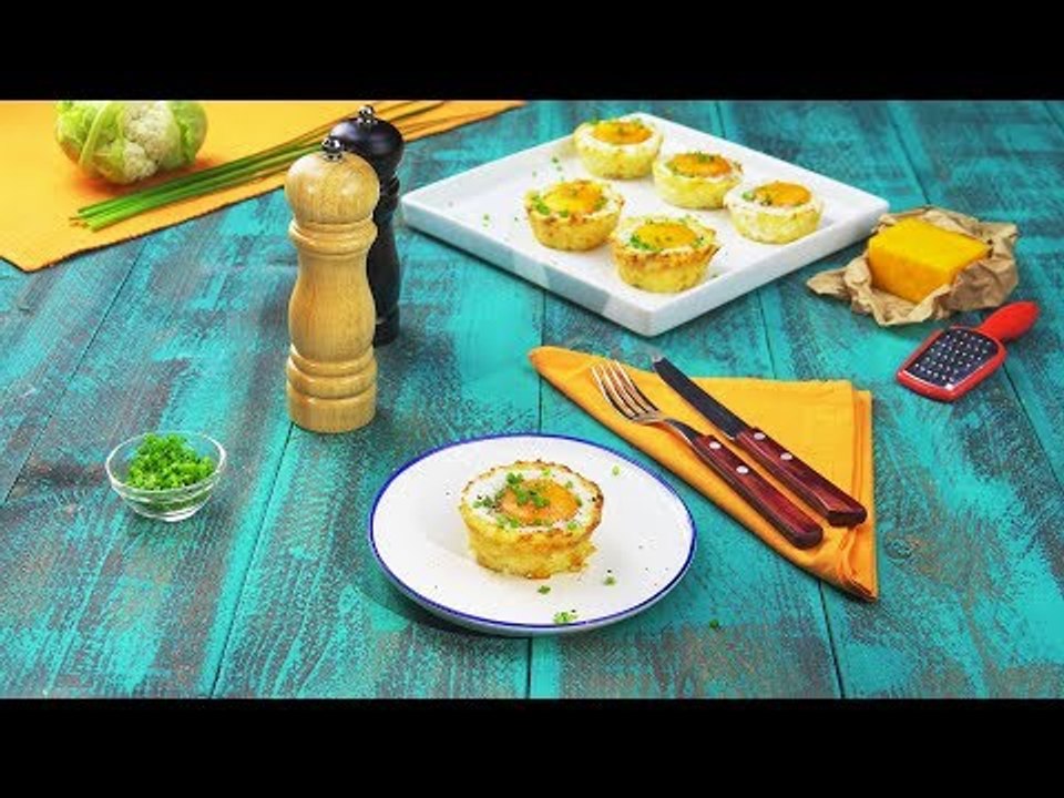 Klein und rund: Herzhafte Blumenkohl-Muffins mit Schinken-Ei-Füllung.