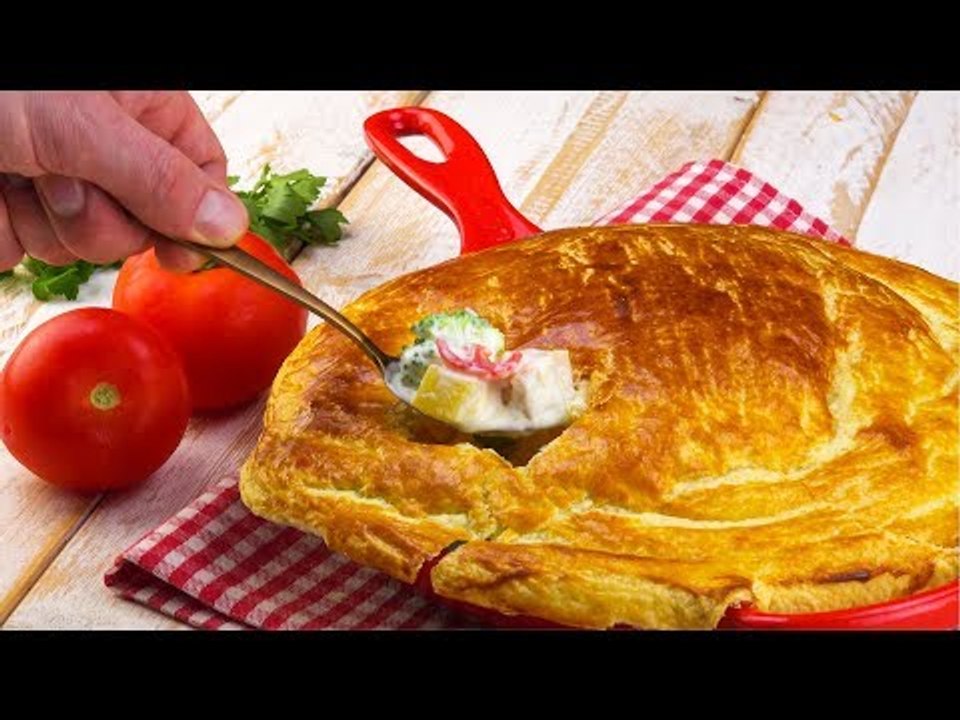 Sahne Hähnchen mit Blätterteigdecke - Rezept für ein Pfannengericht