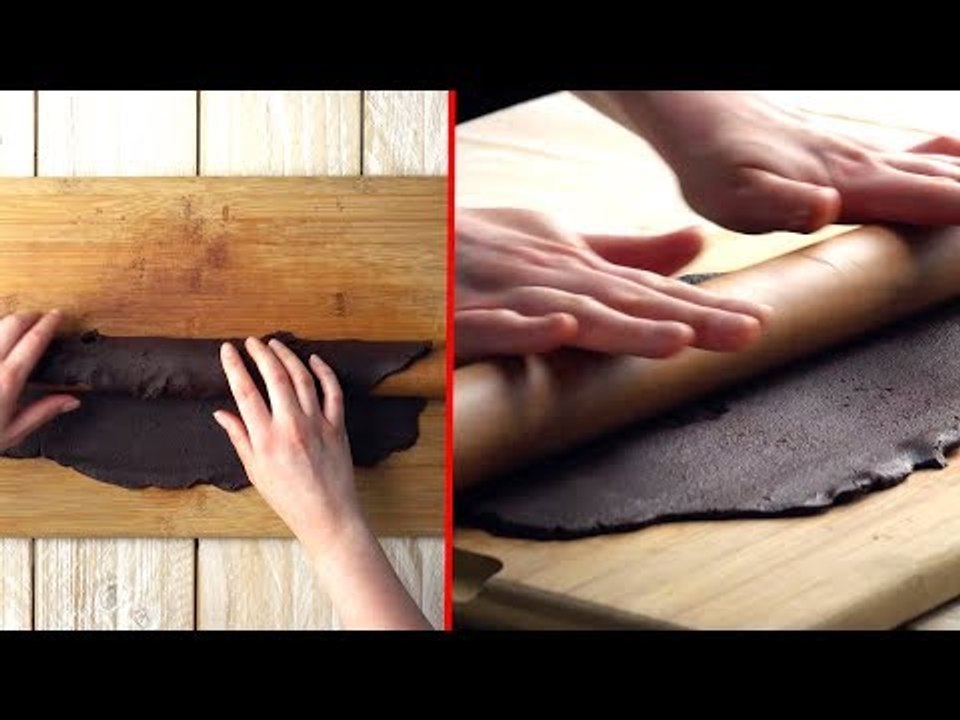 Umwickle das Nudelholz mit dem Schoko-Teig für die besondere Tarte.