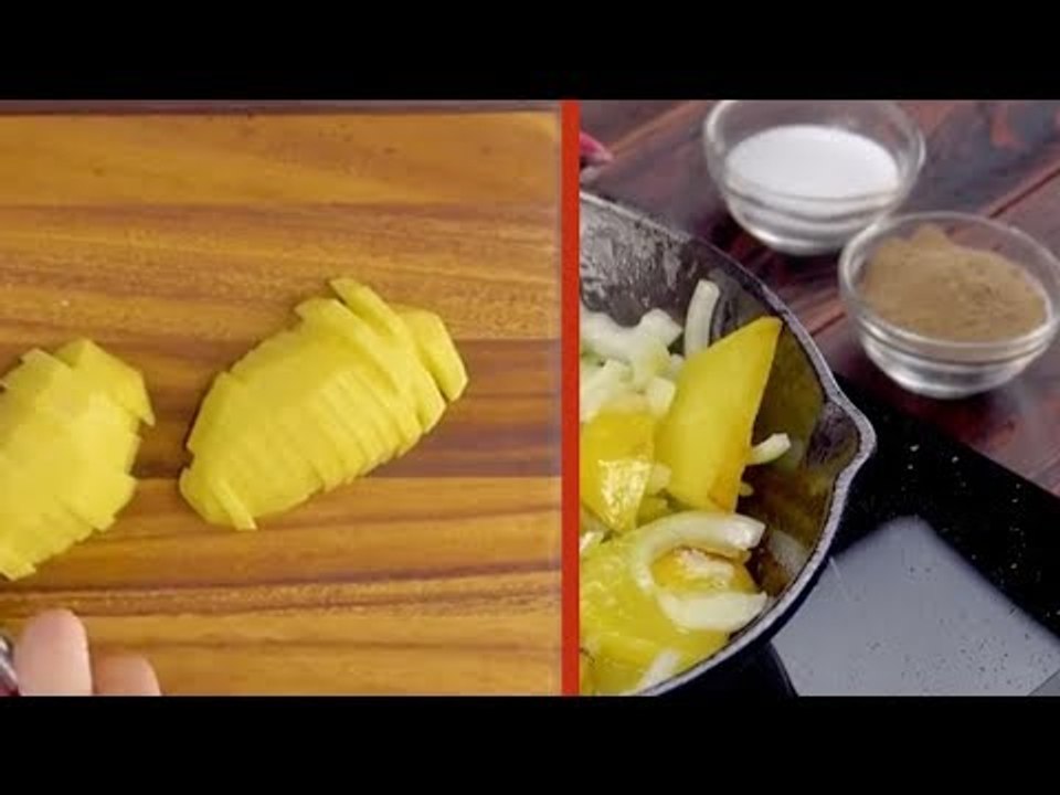 Schneide die Kartoffelhälften in Scheiben und haue sie ...