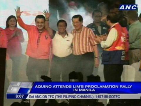 Aquino attends Lim's proclamation rally in Manila
