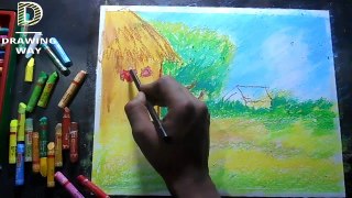 How to draw Village scenery with oil pastel for kids ( 396 )