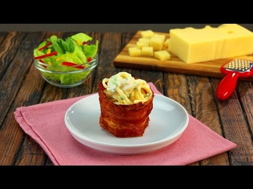 Cheesy Linguine in a Bacon Basket – Bite Into Your Bowl!