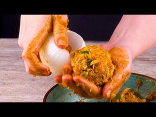 Oignon farci au poulet pour rappeler les barbuc' d'été.