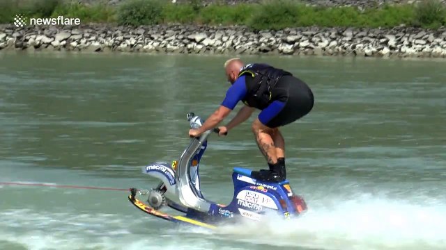 Austrian stuntman demonstrates extreme Vespa waterskiing