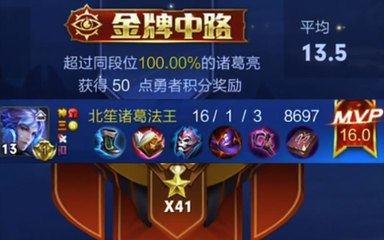 王者41星，评分16.0诸葛亮，超越同段位100%，北笙nb吧