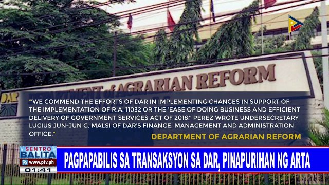 Pagpapabilis sa transaksyon sa DAR, pinapurihan ng ARTA