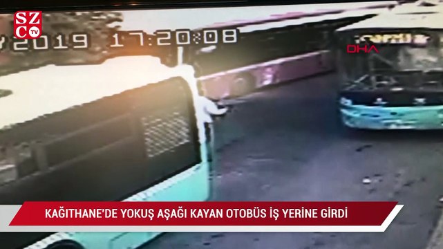 Kağıthane'de yokuş aşağı kayan otobüs iş yerine girdi