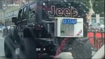 Jeep has air conditioning unit attached to its boot while driving on Chinese road