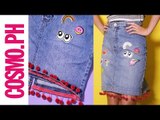 DIY Patch Denim Skirt With Pom-Pom Hem