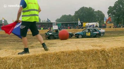 Intense car football in Belgium sees spectacular bumps and crashes