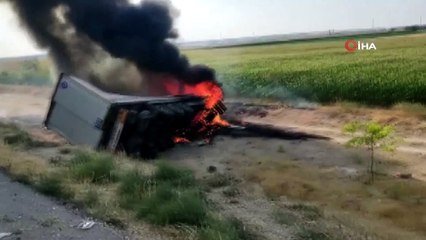 Otomobile çarpan tır alev alev böyle yandı: 2 yaralı