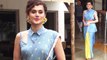 Taapsee Pannu looks pretty in stylish printed saree on Mission Mangal promotion | Boldsky