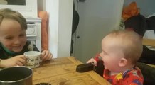 Baby Laughs Hysterically When Elder Brother Gargles Water in Mouth