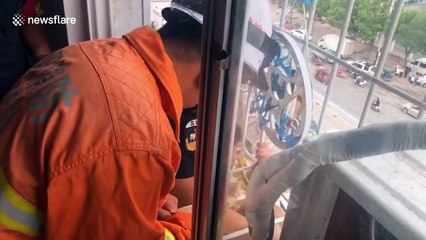 Firefighters rescue boy hanging from fourth-floor window in central China