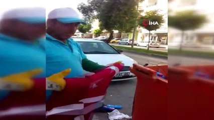 Temizlik işçisi çöpte bulduğu Türk Bayrağını öpüp cebine koydu