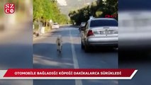 Otomobiline bağladığı köpeği dakikalarca sürükledi