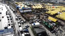 E-5 yanyolda hayvan pazarı ve kesimhane trafiği havadan görüntülendi