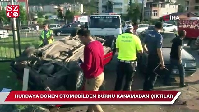 Hurdaya dönen otomobilden burnu kanamadan çıktılar