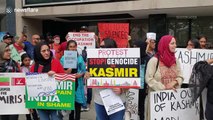 Hundreds gather outside United Nations headquarters in New York to protest India's intervention in Kashmir