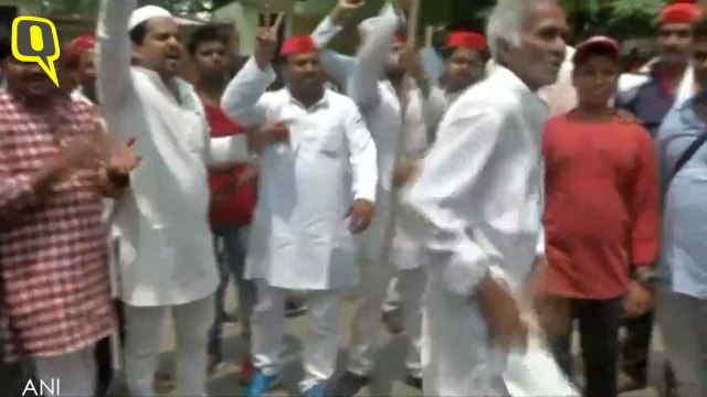 Celebrations outside Samajwadi Party office in Lucknow after the party won Noorpur Assembly seat