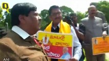 TDP MP Naramalli Sivaprasad dresses up as Adolf Hitler during a protest outside Parliament