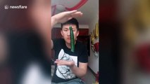 Chinese woman exposes her husband's floating cucumber 'magic trick'
