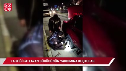 Lastiği patlayan sürücünün yardımına gece kartalları koştu