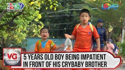 5 years old boy being impatient in front of his crybaby brother