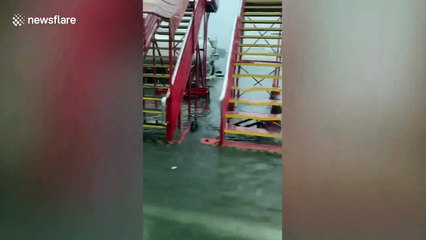 Airport bus drives passengers across flooded tarmac after tropical storm