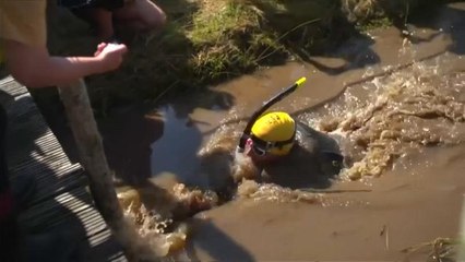 Mud, sweat and cheers for bogsnorkelling's triple winner