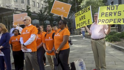 Protesters Gather Outside Jeffrey Epstein Bail Hearing at Manhattan Federal Court