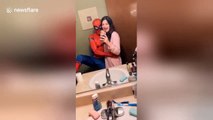 Spider-Fail! Boyfriend dressed as Spider-Man tries cool pose but sticks foot in toilet